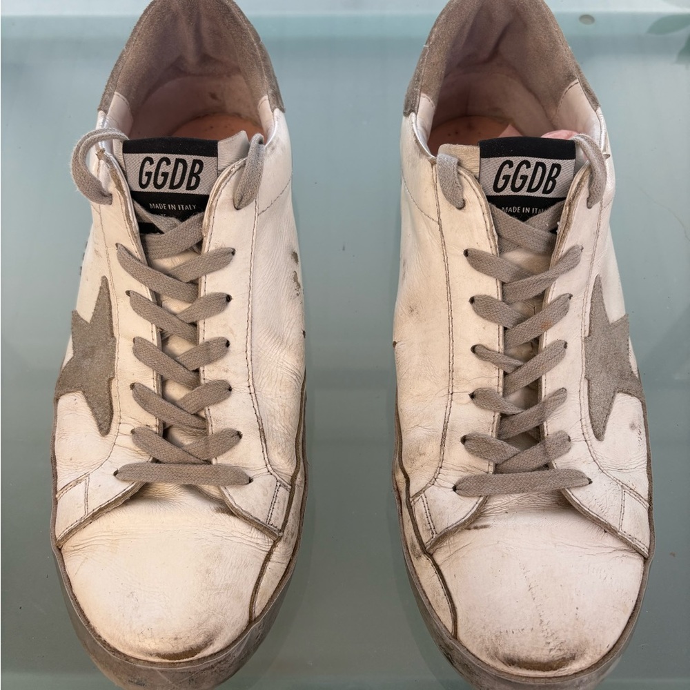 Golden Goose White and Gray Distressed Sneakers